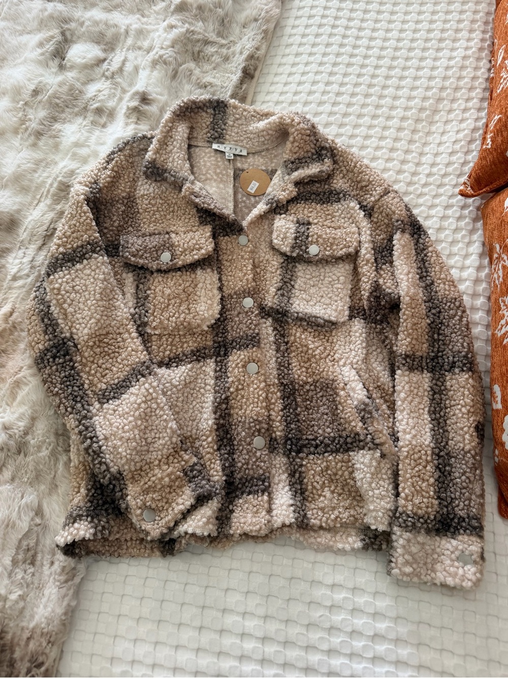 HYFVE Beige and Brown Plaid Sherpa Jacket